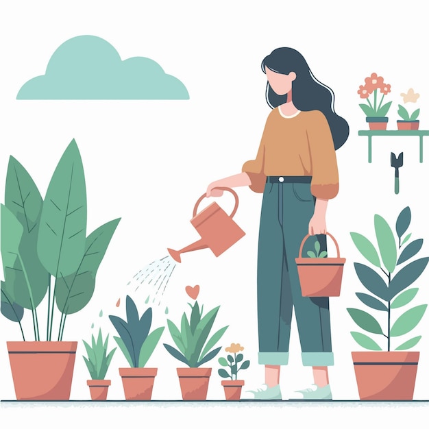Vector cartoon van een vrouw die planten water geeft op de nationale tuindag in een platte stijl