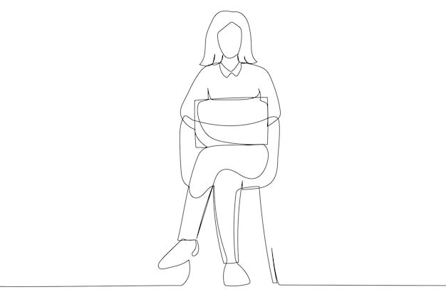 Cartoon van gelukkige jonge vrouw die online werkt, zittend op een stoel en het gebruik van doorlopende lijntekeningen van een laptop