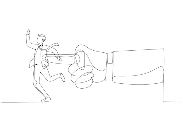 Cartoon van gigantische hand duwende zakenman Metafoor voor het geven van het duwtje op het werk Continue lijn kunststijl