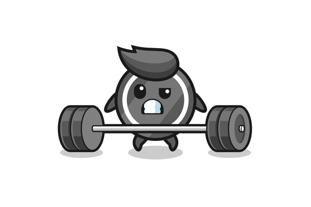 Vector cartoon van hockeypuck die een barbell schattig ontwerp optilt