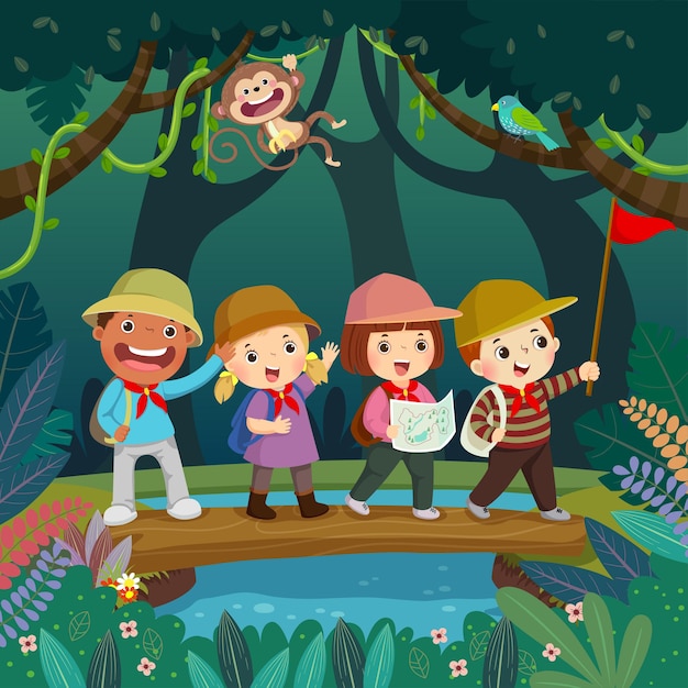 Cartoon van kinderen met rugzakken lopen op log brug over de beek in de jungle. Kinderen zomerkamp concept.