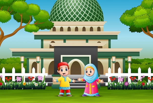 Cartoon van moslimjongentje vooraan de moskee