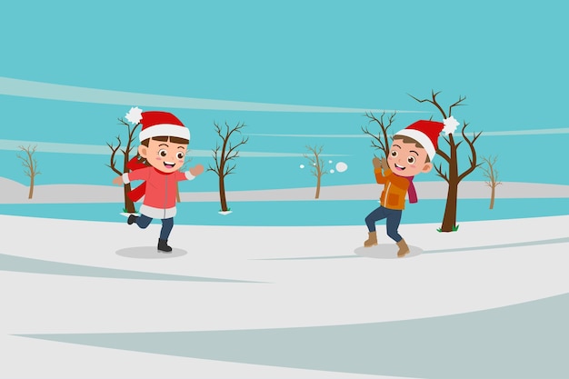 Vector cartoon van schattige kinderen spelen in de sneeuw