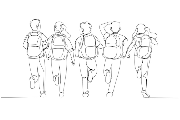 Cartoon van schoolkinderen die met rugzak naar school rennen Achteraanzicht Kunststijl met één lijn