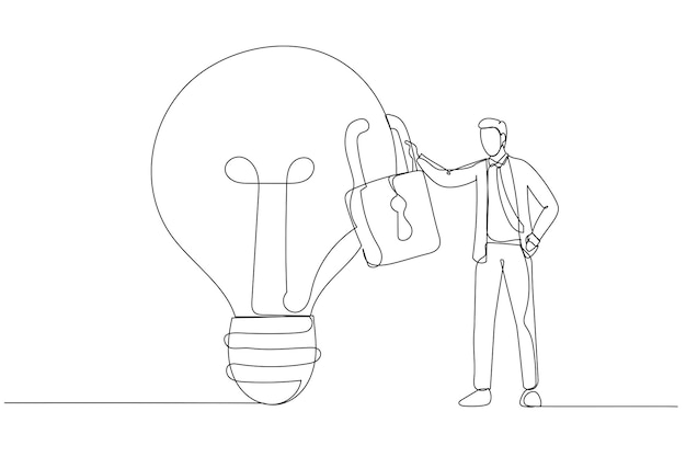 Cartoon van zakenman eigenaar permanent met gloeilamp idee vergrendeld met hangslot voor patenten Intellectuele eigendom Een lijn kunststijl