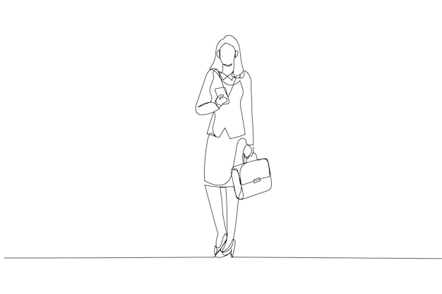 Cartoon van zakenvrouw in pak stopt in het midden van een plein om naar zijn smartphone te kijken een lijnstijl