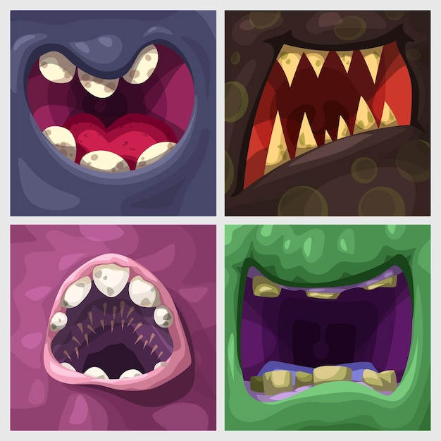 Cartoon various colorful monster mouths in set