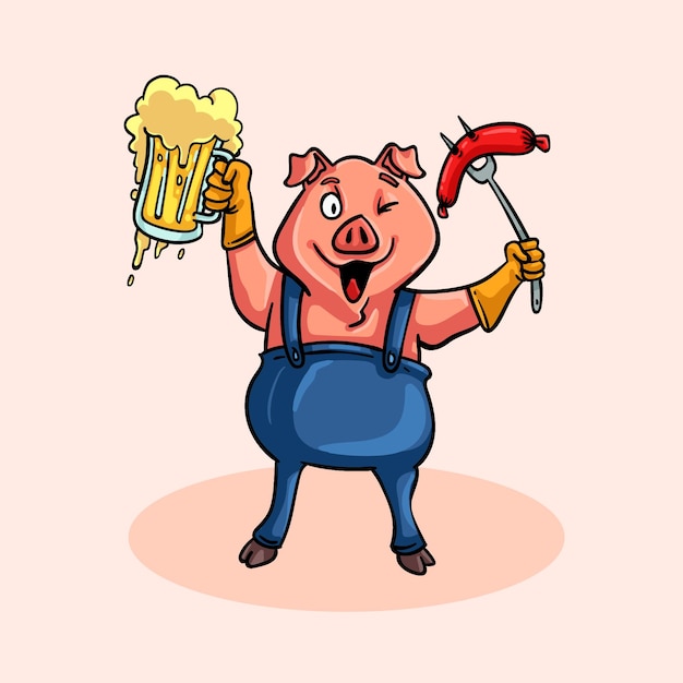 Vector cartoon varken met bier en worst illustratie