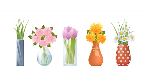 Vector cartoon vases and flowers