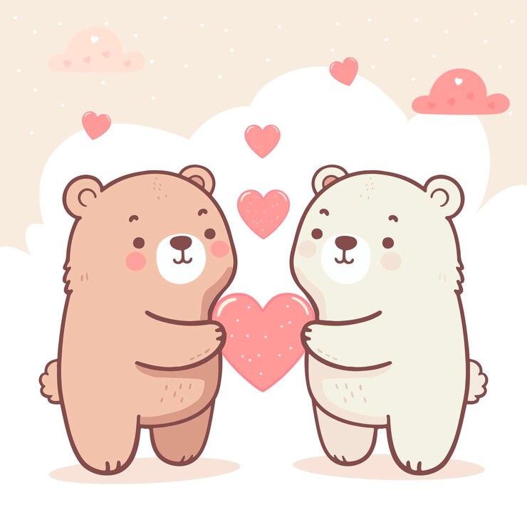 Vector cartoon vector animal character baby teddy bear doll couple giving gift heart happy valentine day