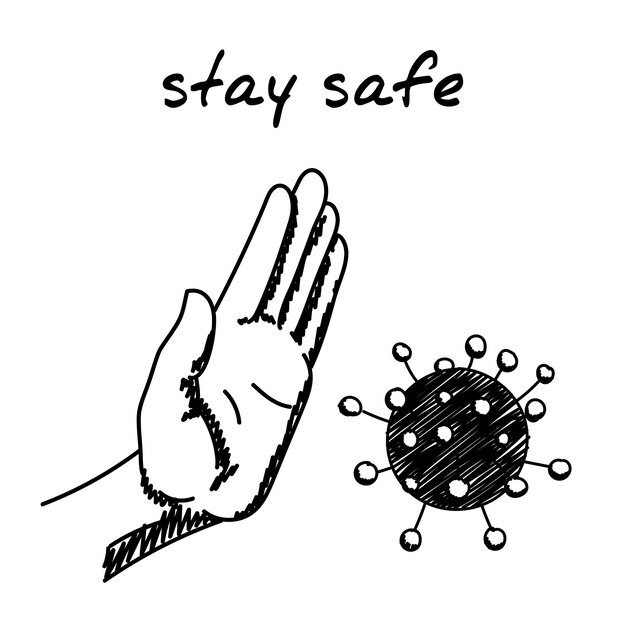 Cartoon vector clip art of a covid19 bacteria and human hand stopping it