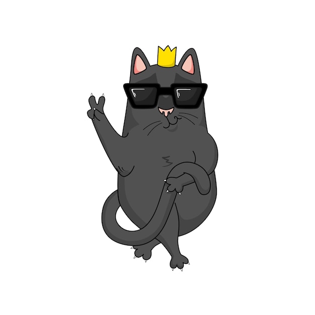 Cartoon vector cool black cat with crown and sunglasses