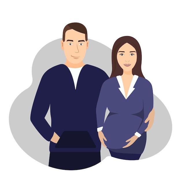 Вектор Мультяшная векторная пара счастливый мужчина и беременная женщина ждут ребенка, держась за руки на животе