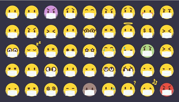 Cartoon vector covid in medical masks emoji set