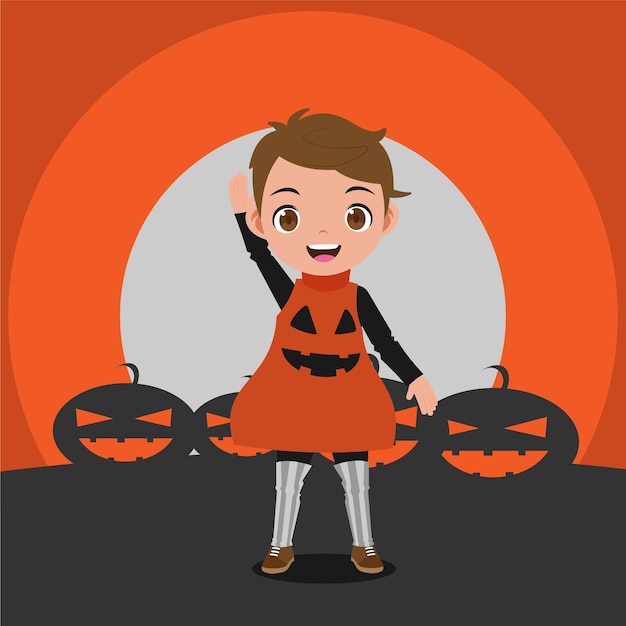 cartoon vector design cute smiling boy waving wearing shirt and Halloween background