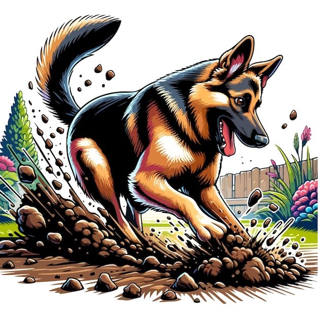 Vector cartoon vector of an enthusiastic german shepherd dog actively digging a hole in the ground