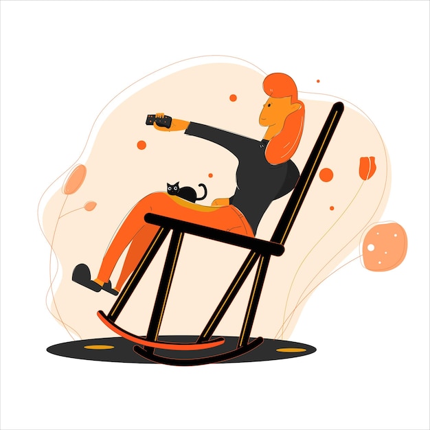 Vector cartoon vector flat style women sit on chair with black cat