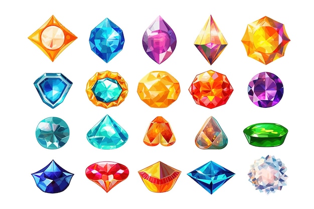 Vettore set di icone di diamanti e gemme vettoriali di cartoni animati elementi piatti di cartoni animati vettoriali isolati su sfondo