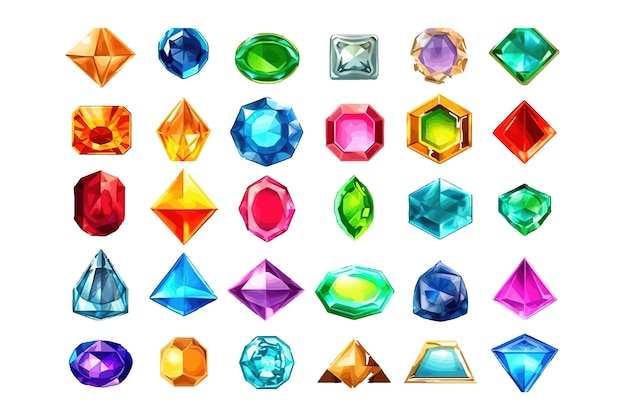 Set di icone di diamanti e gemme vettoriali di cartoni animati elementi piatti di cartoni animati vettoriali isolati su sfondo