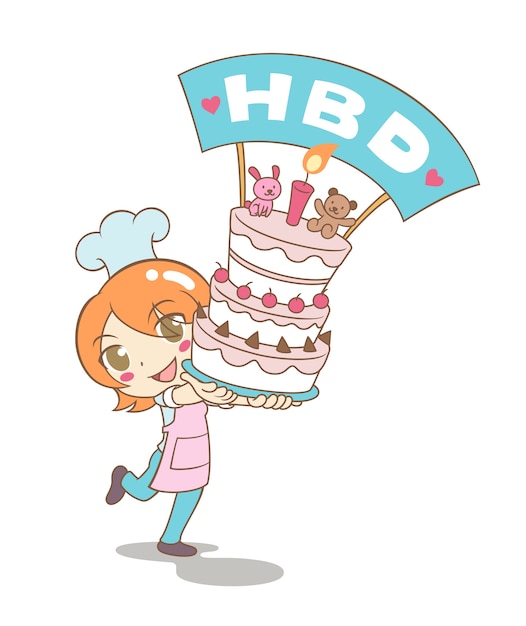 Cartoon vector of girl holding tower cake for birthday.