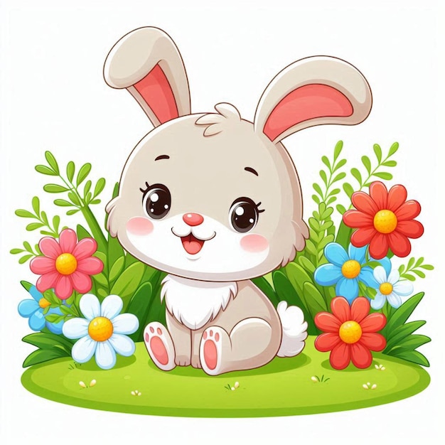 Vector a cartoon vector of hare sitting in the grass with flowers