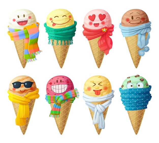 Cartoon vector ice cream icons isolated on white