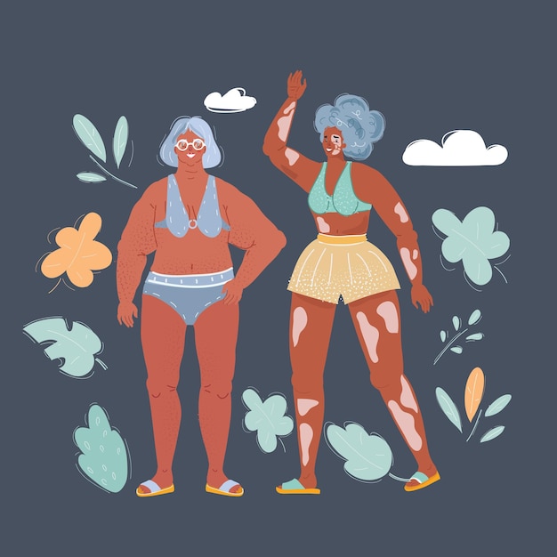 Vector cartoon vector illustratie van body positive anti ageism curvy oudere vrouw en vitiligo meisje op witte achtergrond