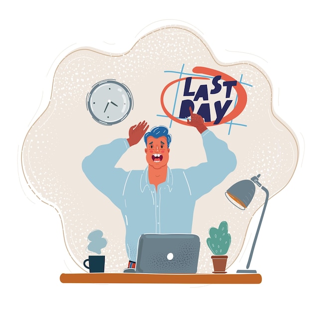 Cartoon vector illustratie van Business time limit concept met een klok en deadline Panic man op de werkplaats