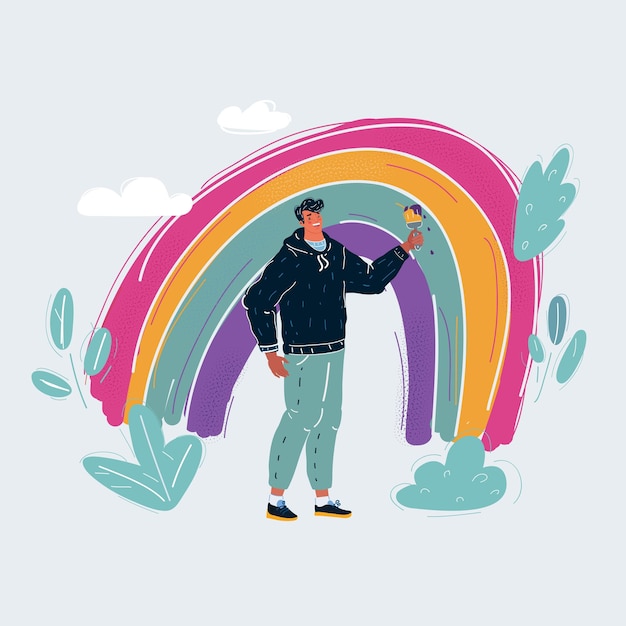 Cartoon vector illustratie van de man geschilderde regenboog