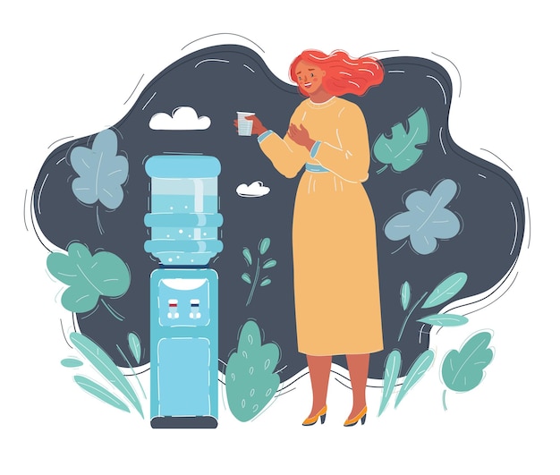 Vector cartoon vector illustratie van een vrouw die bij een waterkoeler staat en water drinkt in het donker