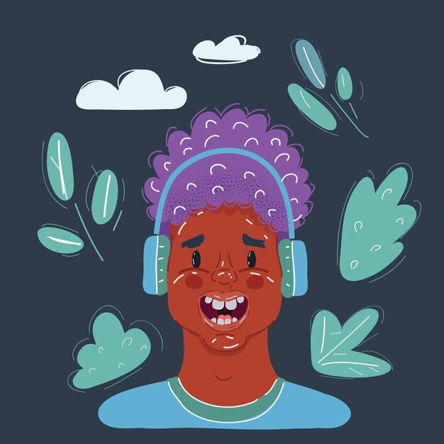 Vector cartoon vector illustratie van een zwarte tiener jongen die naar muziek luistert op een donkere achtergrond