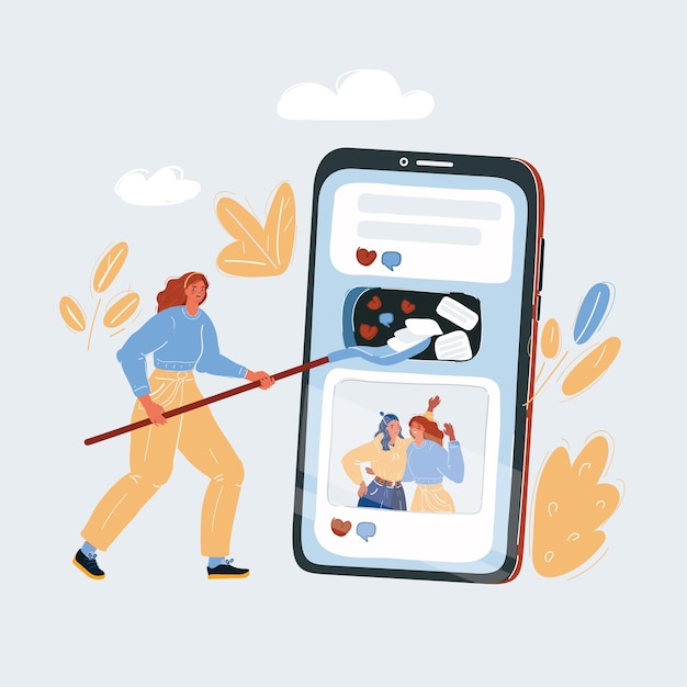 Cartoon vector illustratie van meisje in sociale netwerken vrouw maken post en het delen van nieuws met hun volgers Social media invloed en verslaving Blogger concept op witte achtergrond