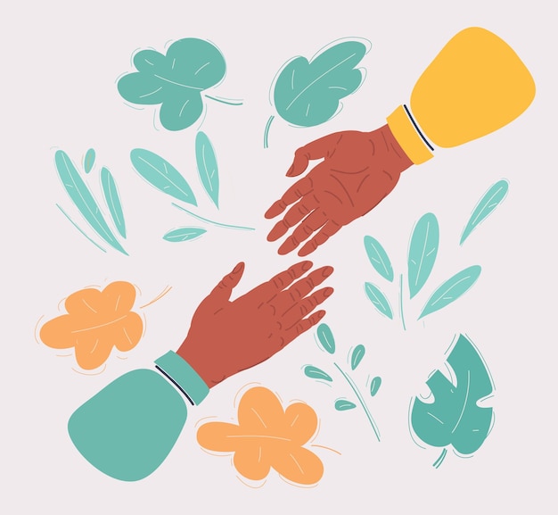 Cartoon vector illustration of af two hands reaching for each other on floral background