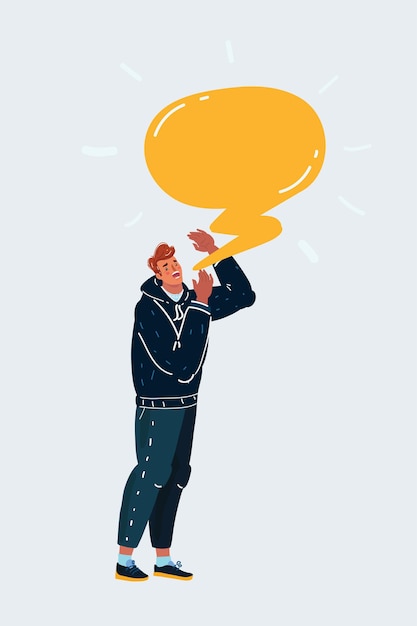 Cartoon vector illustration of Announcement making by man Speech bubble above him Human character on white