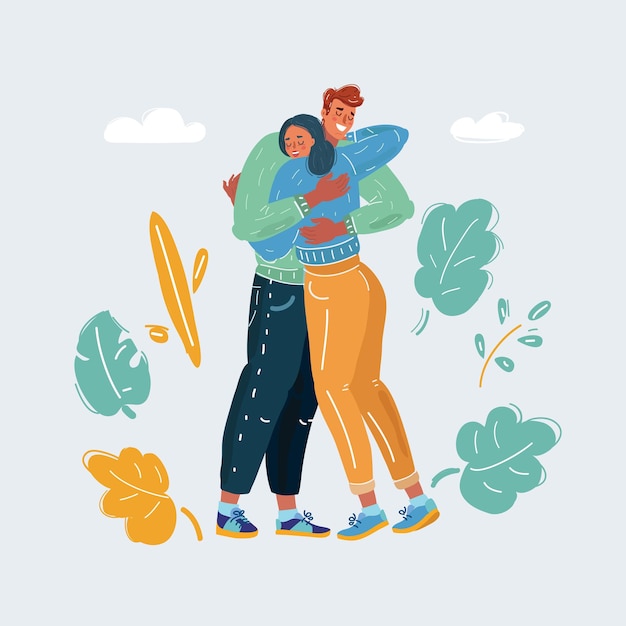 Vector cartoon vector illustration of attractive young couple in love hugging each other