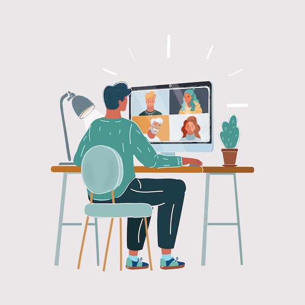 Vector cartoon vector illustration of back view of young man work remotely at home video conference remote