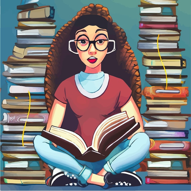 Cartoon vector illustration book festival student woman reads studies and sits in big books study in