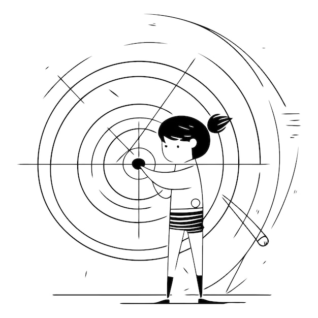 Cartoon vector illustration of a boy aiming at a target with a bow