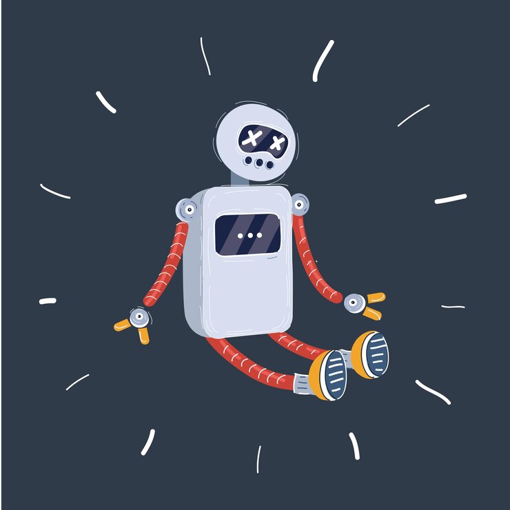 Vector cartoon vector illustration of broken robot character on dark backround