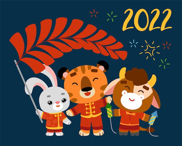 Cartoon illustrazione vettoriale per bambini, capodanno cinese. tigre, bue, coniglio con decorazioni