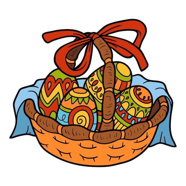 Cartoon vector illustration for children, easter basket with colored eggs