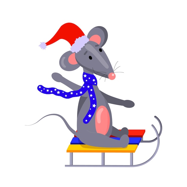 Vector cartoon vector illustration for children a mouse rides on a sled isolated on a white background