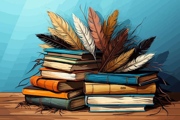 Vector cartoon vector illustration of colorful stack of books with open book and quill pen