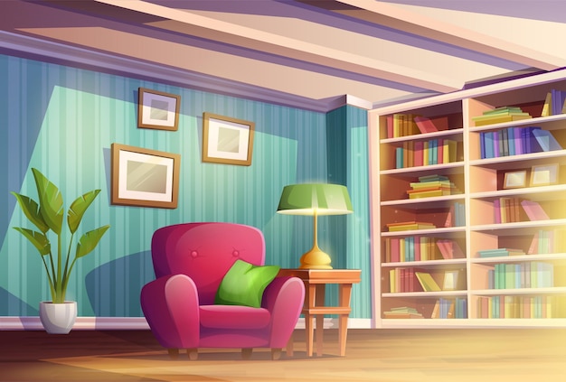 Вектор Карикатурная векторная иллюстрация. уютная домашняя гостиная или кабинет с местом для чтения книг. библиотека