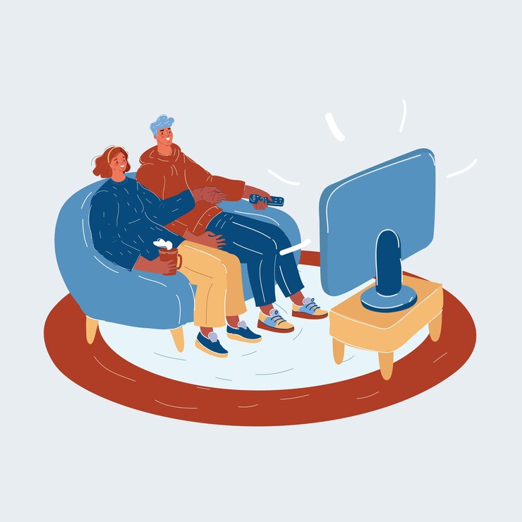 Vector cartoon vector illustration of couple at home sitting on sofa and watching tv on white backround