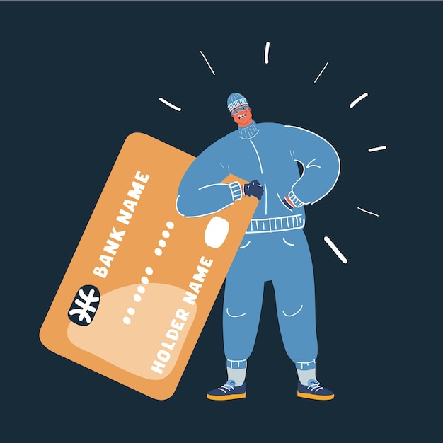 Cartoon vector illustration of criminal man stole credit card details on dark backround