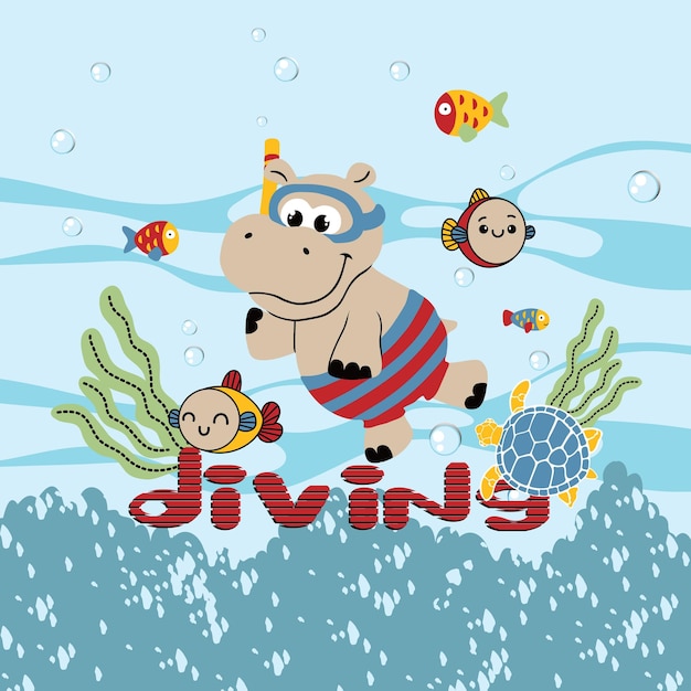 Fumetto illustrazione vettoriale di simpatico ippopotamo che nuota