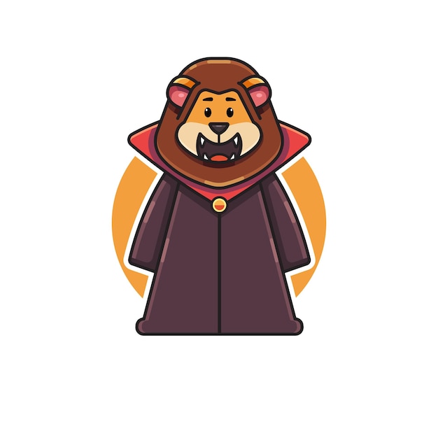 Vettore fumetto illustrazione vettoriale di un simpatico personaggio leone in un costume da vampiro logo mascotte leone