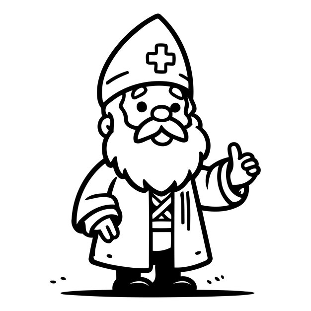 Cartoon vector illustration of a dwarf in a green coat with a cross