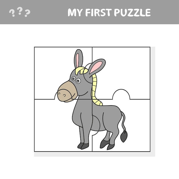 Cartoon Vector Illustration of Education Jigsaw Puzzle Game for Preschool Children with Funny Donkey Farm Animal - My first puzzle